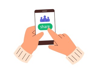 Clicking Share button on phone screen in mobile donation app. Hands holding smartphone, donating using charity application. Online help concept. Flat vector illustration isolated on white background