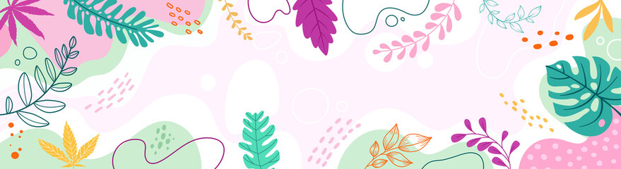 Design banner frame background .Colorful poster background vector illustration.Exotic plants, branches,art print for beauty, fashion and natural products,wellness, wedding and event.