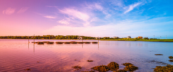Oyster farm at Cape Cod harbor with the pink sky and seawater reflections at sunrise