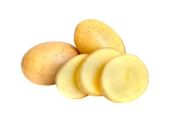 Naklejka na ściany i meble Isolated potatoes. Whole potatoe and cut isolated on white background with clipping path