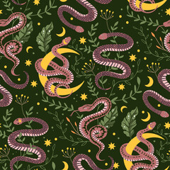 Snake and moon celestial magic vector pattern. Spiritual alchemy sketch
