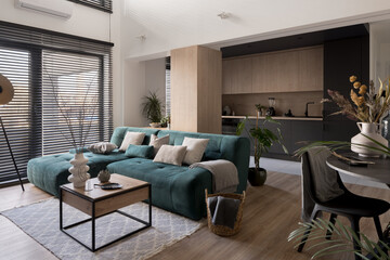 Corner sofa in living room open to kitchen - 512578842