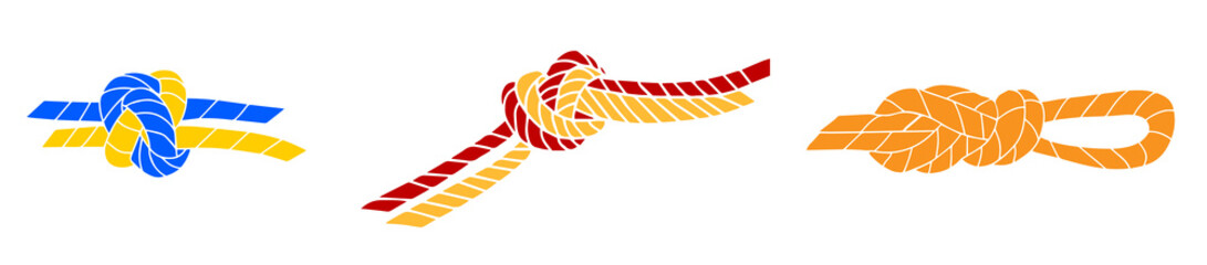 Set of isolated ropes with different knot types. Nautical thread or cord with sheet bend. Two ropes knotted or whipcord intertwined. Marine