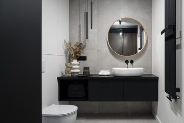 Modern designed bathroom with decorative wall - 512579228