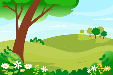 Summer landscape with trees, fields and flowers. Colorful vector illustration.