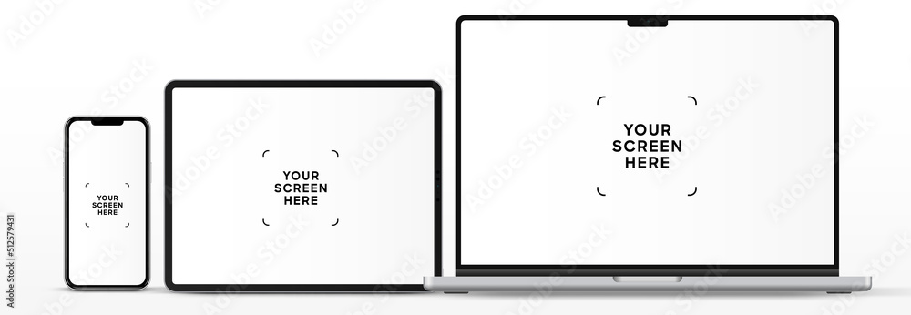 Poster modern laptop mockup front view and high quality smartphone and tablet mockup isolated on white back