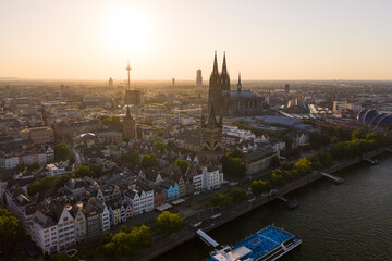 View of Cologne,  city center, the Rhine river and Cologne Cathedral by sunset