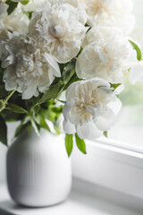 Obraz na płótnie Canvas A beautiful white bouquet of peonies in the sun on the windowsill. Flowers and buds in a vase. Light, white background.