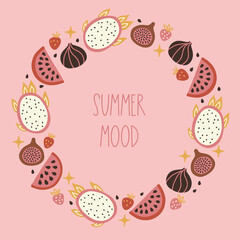 Summer greeting card with dragon fruit, watermelon, fig, strawberries, seeds