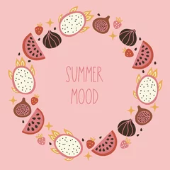 Fototapeten Summer greeting card with dragon fruit, watermelon, fig, strawberries, seeds © miumi