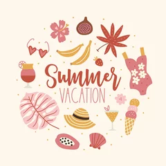 Muurstickers Summer greeting card with monstera, banana, swimsuit, ice cream, papaya © miumi