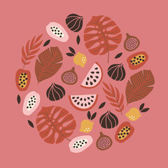 Summer greeting card with watermelon, fig, lemon, papaya, monstera leaves