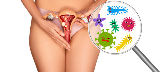 Concept of bacterial and viral infections of female reproductive system. Check-up and treatment vaginal diseases - obrazy, fototapety, plakaty