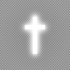 Shining white cross and sunlight special lens flare light effect on transparent background. Glowing saint cross. Vector illustration