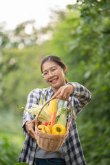Beautiful young brunette Portrait Famer Woman hand holding Vegetables in the bamboo basket on green Farming Plant at sunset background ,Organic fresh harvested vegetables;