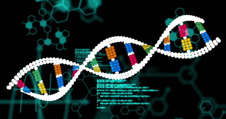Image of dna strand and data processing on black background