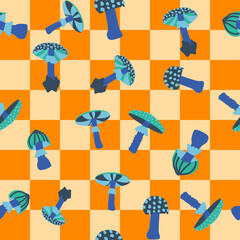 Magic psychedelic drug mushrooms seamless pattern. Psychedelic hallucination. 60-70s hippie colorful art. Vintage psychedelic textile