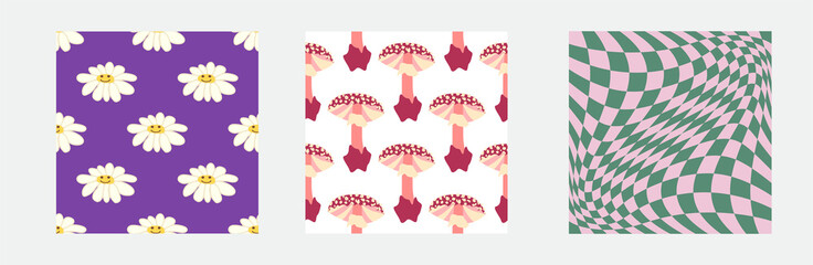 Set of retro 70s seamless pattern. Floral, swirl, mushrooms, peace symbol, camomile, smile