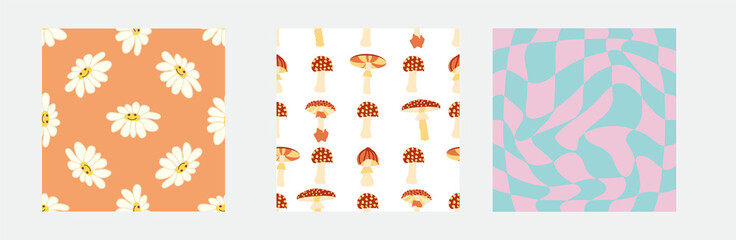 Set of retro 70s seamless pattern. Floral, swirl, mushrooms, peace symbol, camomile, smile