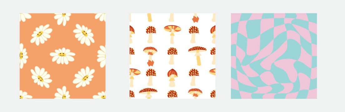Set of retro 70s seamless pattern. Floral, swirl, mushrooms, peace symbol, camomile, smile