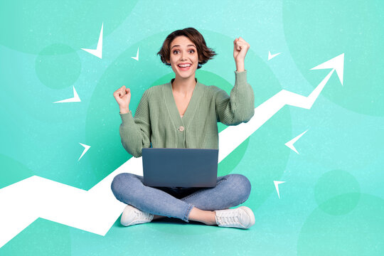 Composite collage portrait of overjoyed delighted girl raise fists celebrate attainment use wireless netbook painted growth arrow