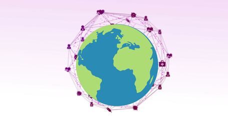 Image of network of connections with icons and globe on white background
