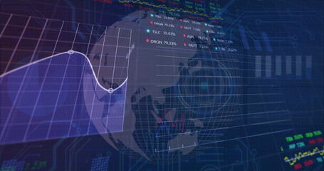 Fototapeta premium Image of financial data and graphs over rotating globe