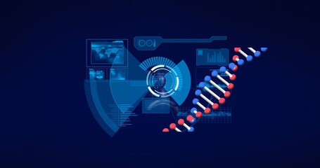 Image of digital interface with data processing and spinning dna strand over dark background