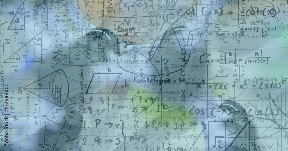 Poster image of mathematical equations over models in classroom