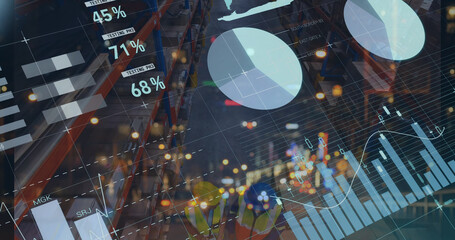 Image of graphs and financial data over caucasian male warehouse workers