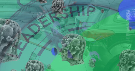 Image of graphs and gears over speedometer with leadership and cars