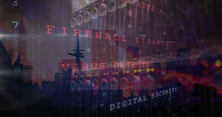 Fototapeta na wymiar Image of cyber attack warning over cityscape and server room