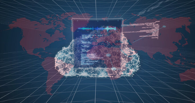 Image of digital cloud, data processing over world map
