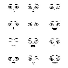 A set of black and white illustrations of facial expressions with different moods. Collection of emoticons.