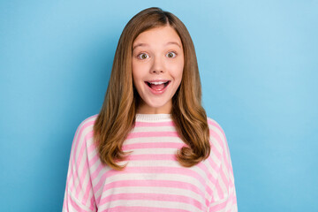 Fototapeta premium Photo of cute teen girl open mouth wear white shirt isolated on blue color background