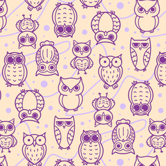 Outline Cute Owl Cartoon Pattern Background