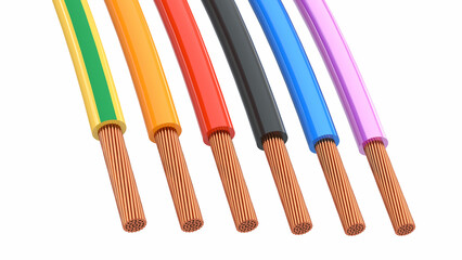 Stripped multi-colored wires isolated on a white background. Copper multicore cables close-up. 3d illustration