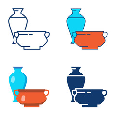 Chinese porcelain icon set in line and flat style