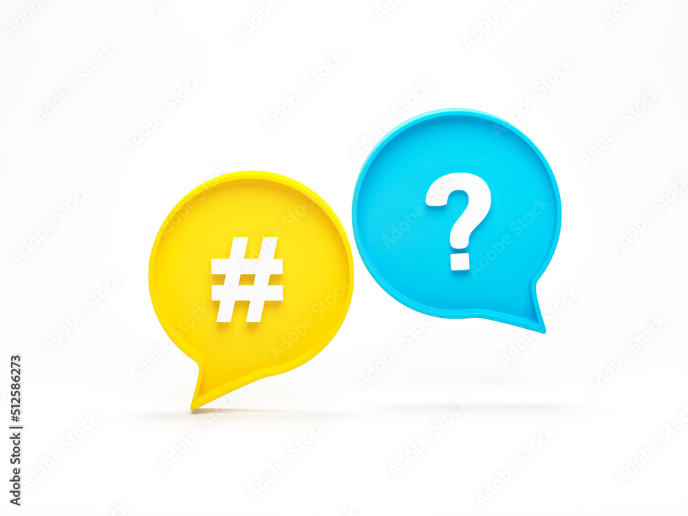 Poster 3d rendering, 3d illustration. question mark icon and hashtag search in speech bubble. business supp