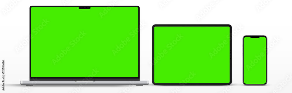 Fototapete Modern laptop mockup front view and high quality smartphone and tablet mockup isolated on white background. Notebook mockup and phone device mockup for ui ux app and website presentation.Stock Vector.