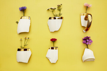 Creative aesthetic broken cup's pieces with wildflowers, miniature flower pots. Creative conceptual home decorations idea. House plants, growth, hope, cozy home concept. Plant aesthetic