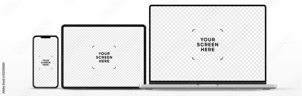 Aufkleber Modern laptop mockup front view and high quality smartphone and tablet mockup isolated on white background. Notebook mockup and phone device mockup for ui ux app and website presentation.Stock Vector.