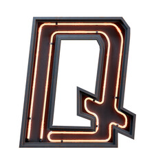 3D illustration of orange Neon light alphabet character Capital letter Q. Neon tube Capital letter orange glow effect in black metal box.3d rendering isolated on white background.
