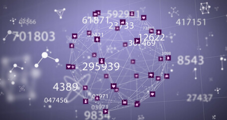 Image of globe of network of connections with icons and numbers