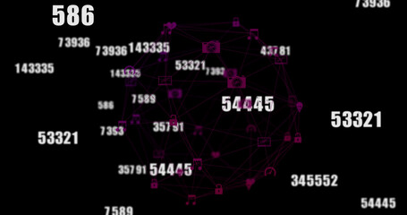 Image of globe of network of connections with icons and numbers