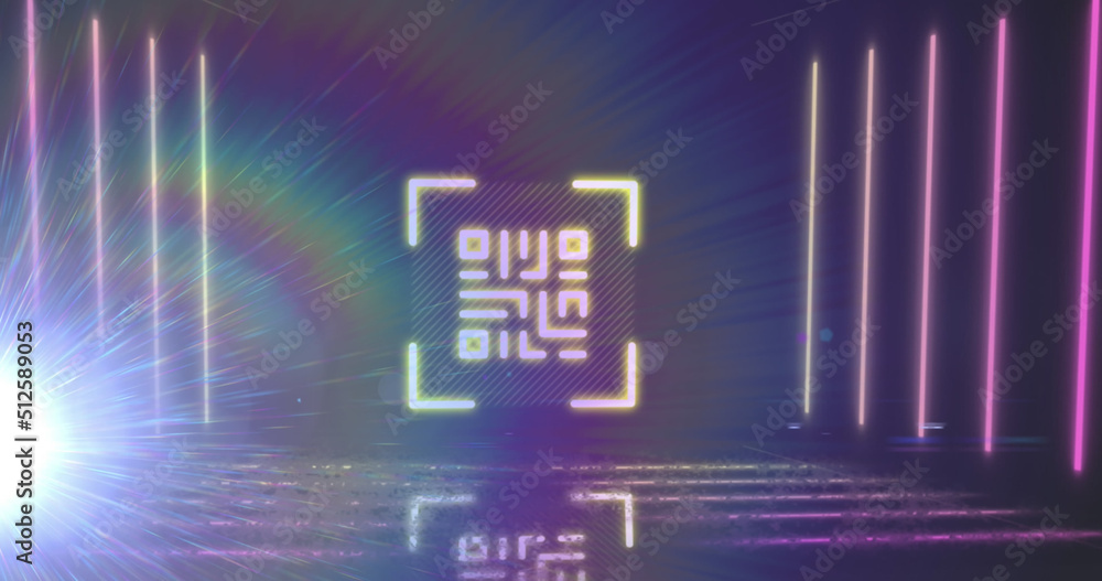 Poster image of neon qr code with lines and light trails over black background