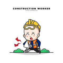 Cute cartoon character of baby construction worker with a gesture of fracture arm and leg - obrazy, fototapety, plakaty