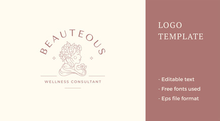 Fototapeta premium Romantic ancient woman head blossom rose flower wreath organic natural beauty care line logo vector