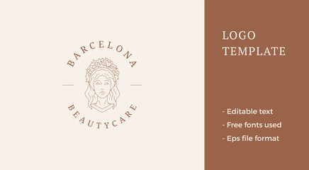 Fototapeta premium Portrait elegant lady flower wreath hairstyle monochrome silhouette line art logo vector