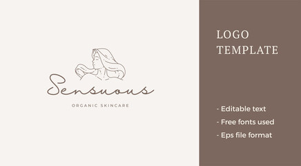 Romantic female with long beauty hair silhouette organic natural care line art logo vector